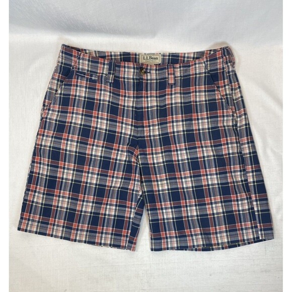 L.L. Bean Other - LL Bean Mens 36 Waist Standard Fit Plaid Cotton Chino Shorts Blue Red Madras